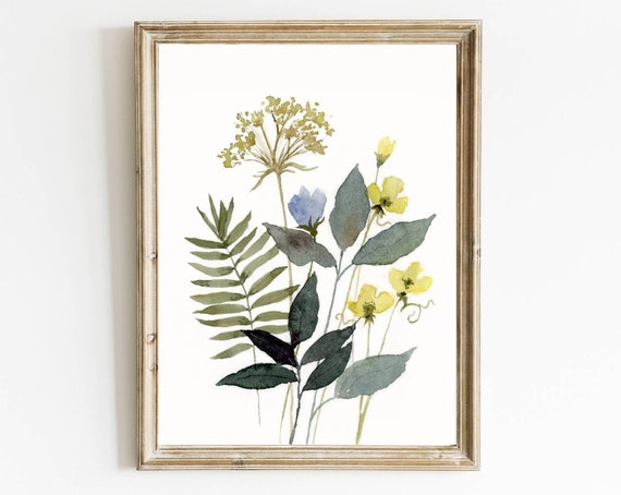 Green Leaves Wildflowers Watercolor Art Print