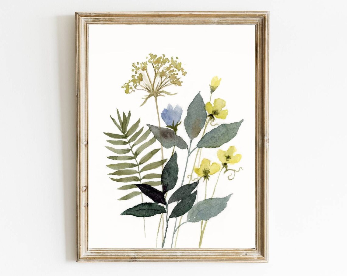 Green Leaves Wildflowers Watercolor Art Print