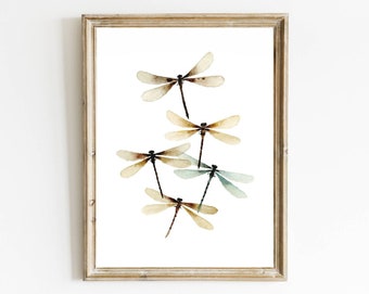Dragon Fly Wall Art Watercolor Painting Farmhouse Decor Beige Brown Print Neutral Dragonfly Cottage