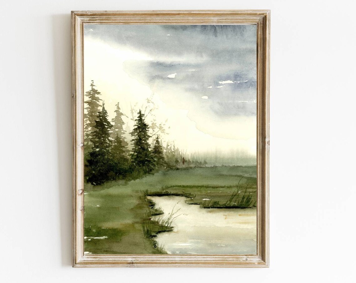 Watercolor Forest Lake Twilight Landscape Art Print