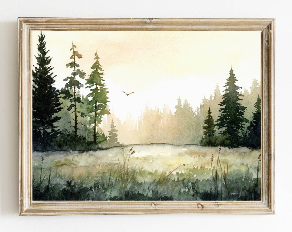 Sunrise Forest Watercolor Pine Tree Landscape Print