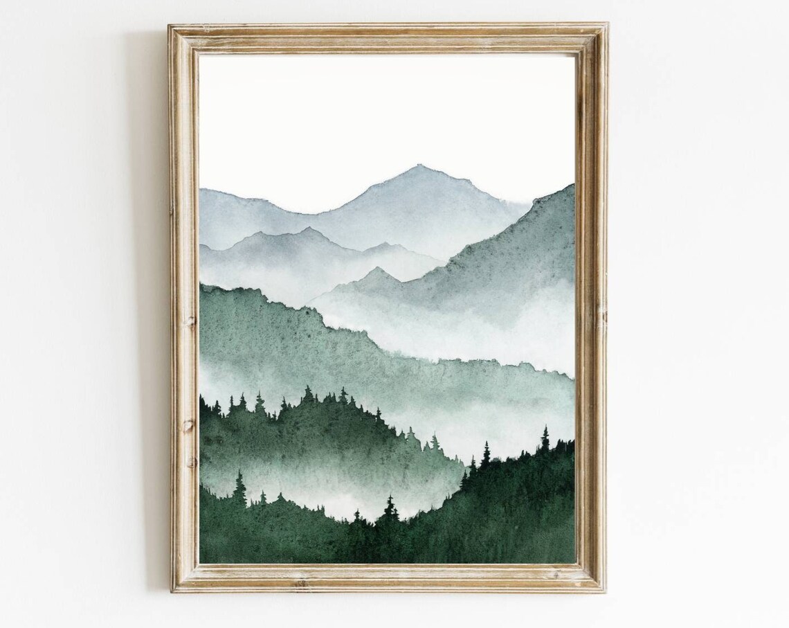 Mountain Landscape Watercolor Art Print, Foggy Pines