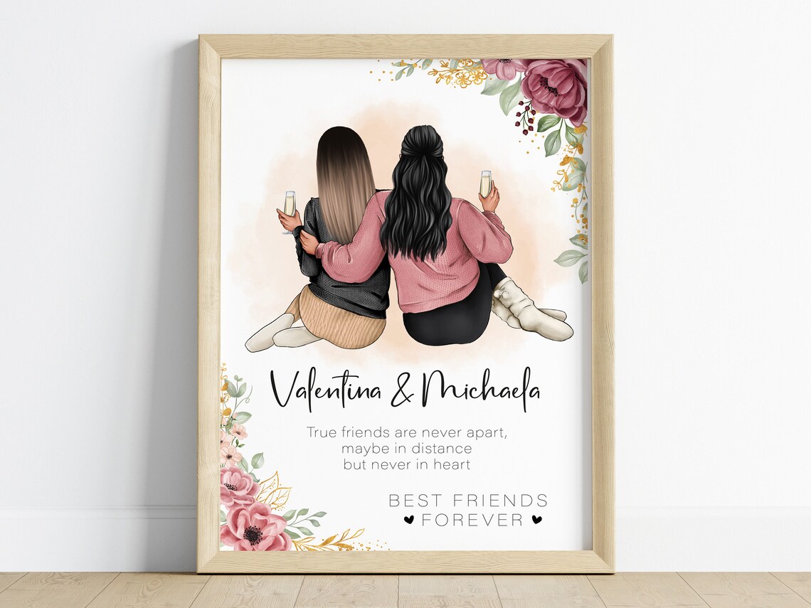 Best Friends Forever Watercolor Personalized Friendship Portrait Poster