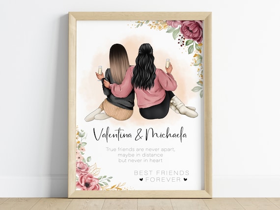 Best Friends Forever Watercolor Personalized Friendship Portrait Poster