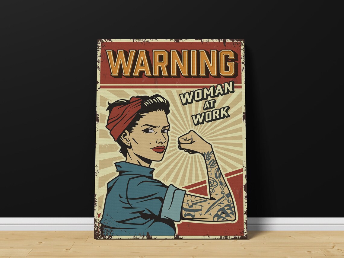 Warning Woman At Work Vintage Feminist Sign Metal Art Poster - Image 2