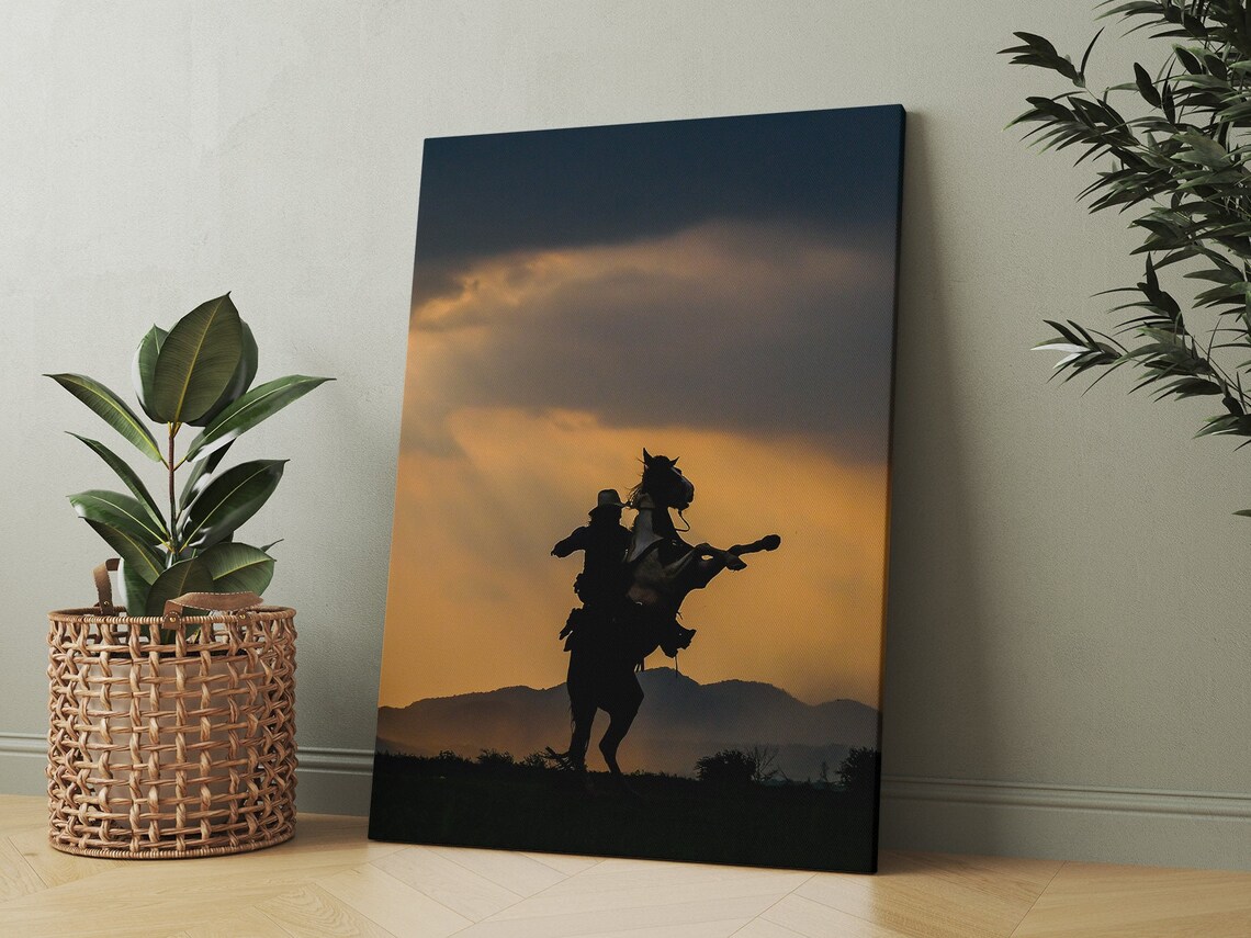 Cowboy on Rearing Horse Silhouette at Sunset Mountains Photo Poster - Image 3