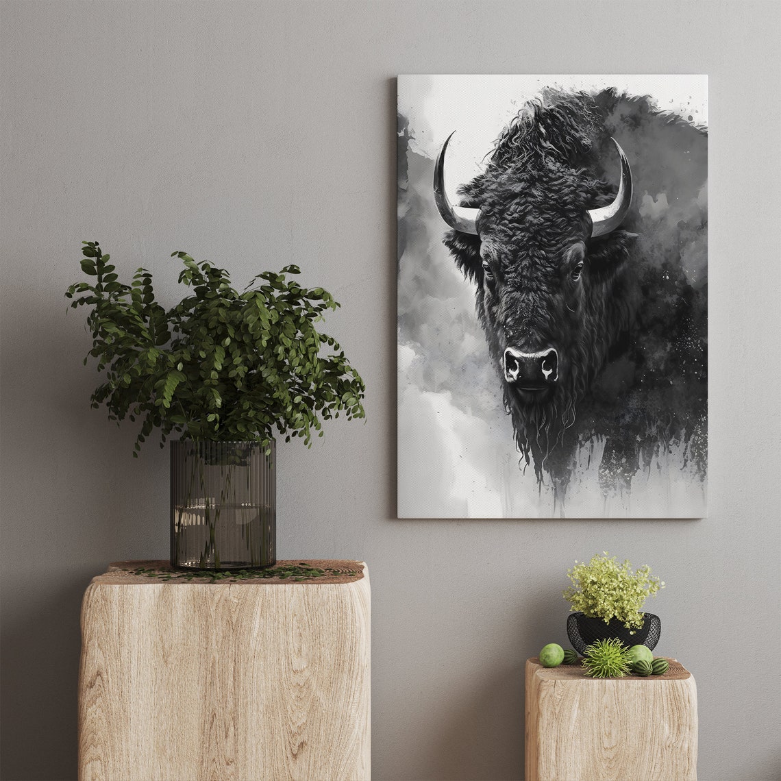 Monochrome Buffalo Portrait Watercolor Wildlife Artwork Poster - Image 2
