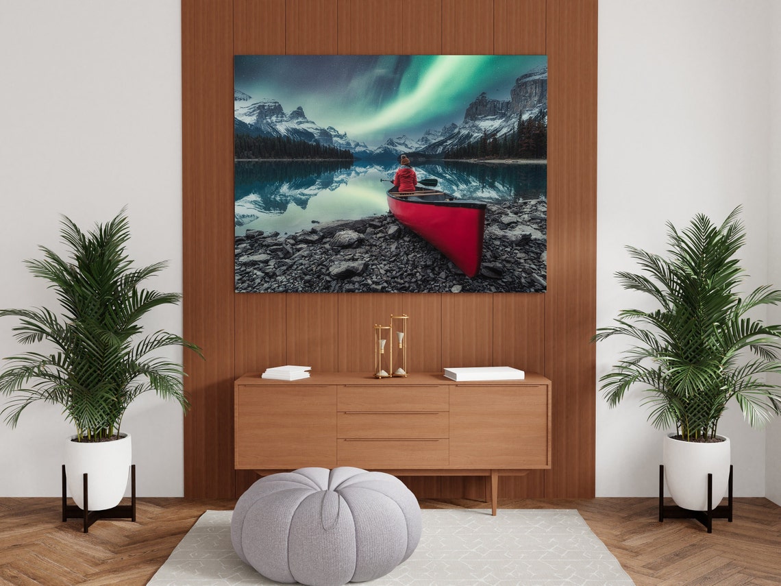 Red Canoe On Mountain Lake Shore Under Bright Aurora Lights Poster - Image 2