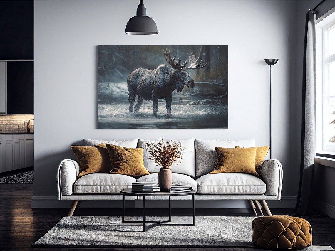Bull Moose Standing in Water Snowy Forest Wildlife Photo Poster - Image 2