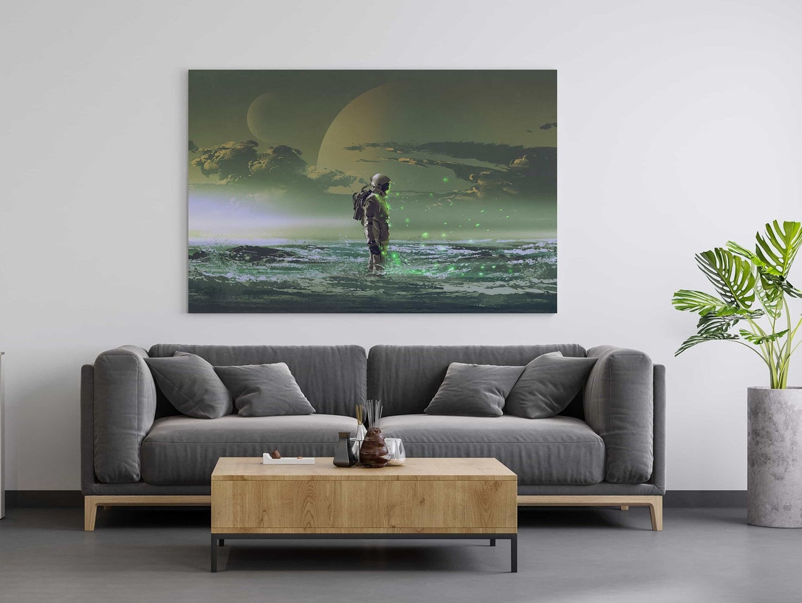 Astronaut On Alien Ocean Under Twin Moons Green Glow Space Art Poster - Image 3