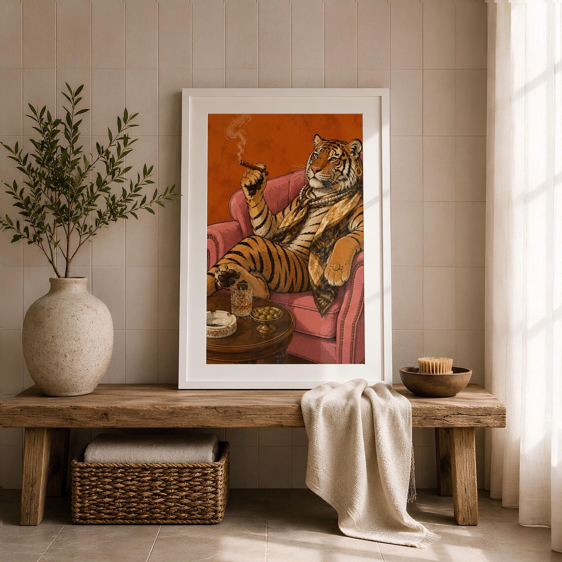Luxury Tiger Smoking Poster, Maximalist Lounge Decor