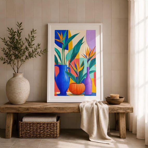 Colorful Bird Of Paradise Print Tropical Botanical Wall Art Maximalist Plant Poster