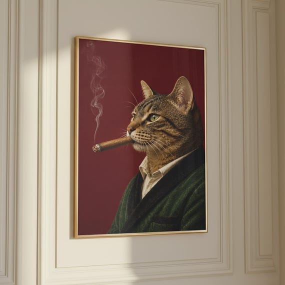 Mafia Cat Poster Funny Smoking Wall Art Vintage Gentleman Animal Print Dark Humor Decor Mob Boss Statement