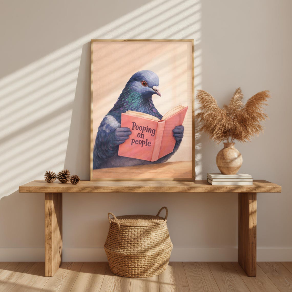 Pigeon Reading Pooping On People Book Funny Bird Humor Wall Art