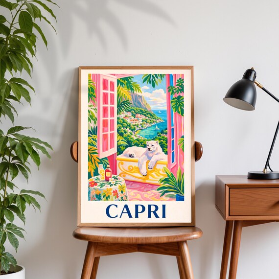 Capri Italy Tropical Coast Poster With Lounging White Cat Over the Sea