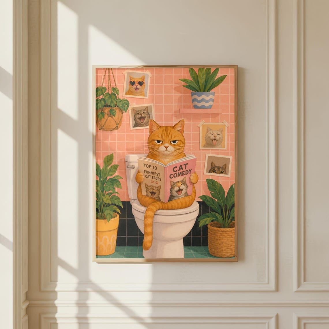 Funny Cat Bathroom Poster Orange Kitty Toilet Art Whimsical Pet Decor