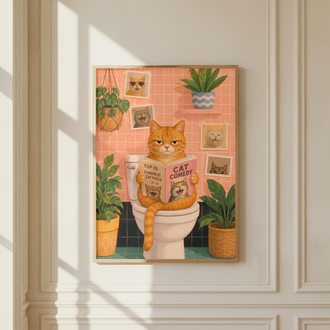 Orange Cat Reading Magazine on Toilet Poster Funny Tabby Bathroom Humor Decor