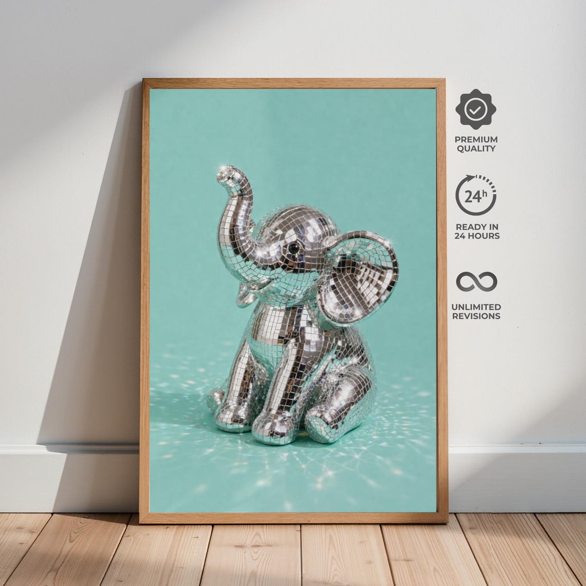 Disco Ball Elephant Mirror Tile Mint Green Dopamine Decor Poster