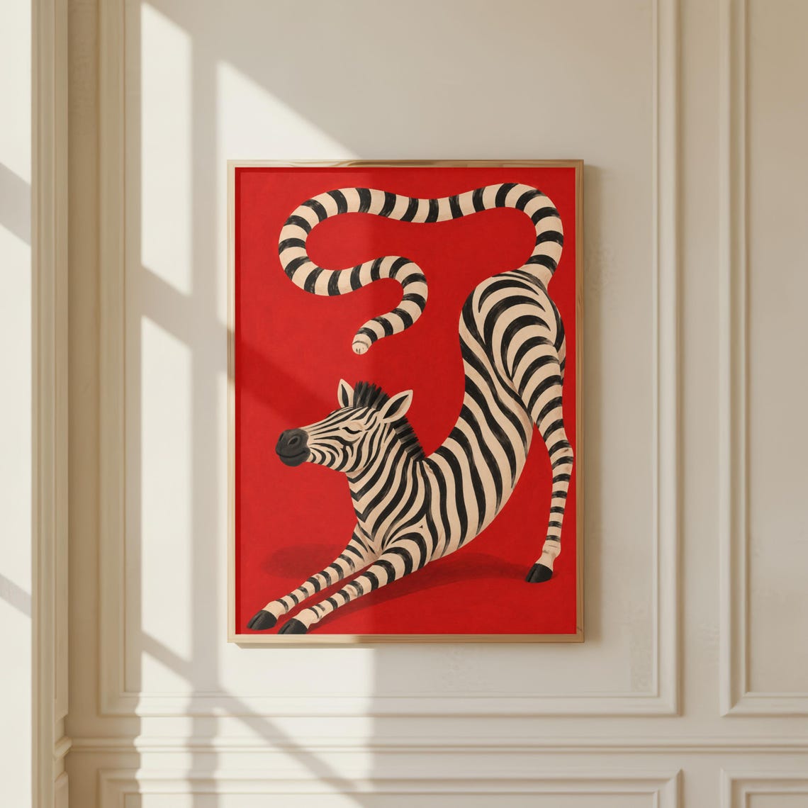 Modern Zebra Stretching Bold Red Background Contemporary Art Poster
