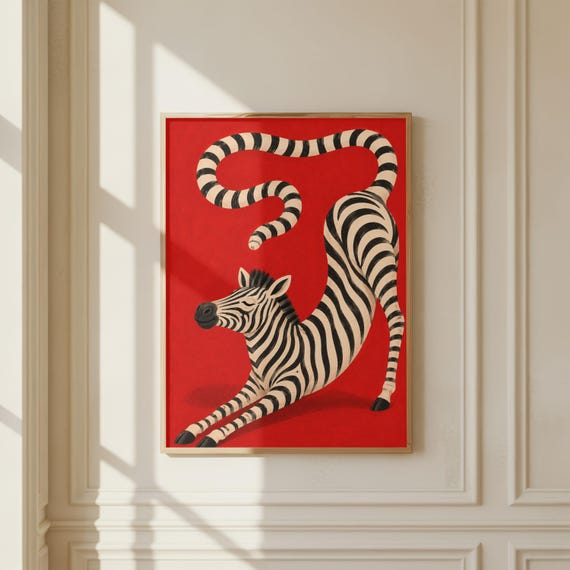 Modern Zebra Wall Art Bold Safari Animal Poster Contemporary Red Print