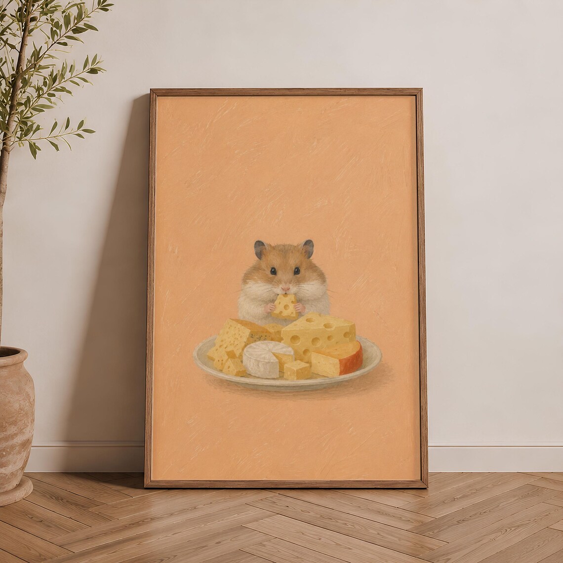 Cute Hamster With Cheese Plate Cozy Nursery Animal Illustration Poster