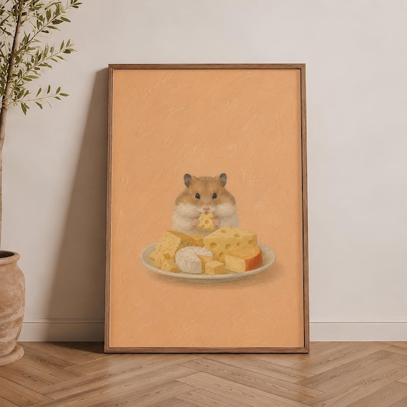 Cute Hamster With Cheese Plate Cozy Nursery Animal Illustration Poster