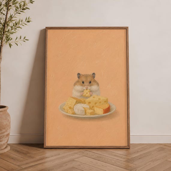 Whimsical Hamster Cheese Print Animal Nursery Wall Art Cozy Illustration Poster