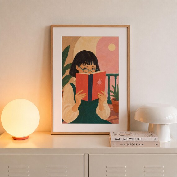 Cozy Woman Reading Red Book Modern Book Lover Gift Art Print