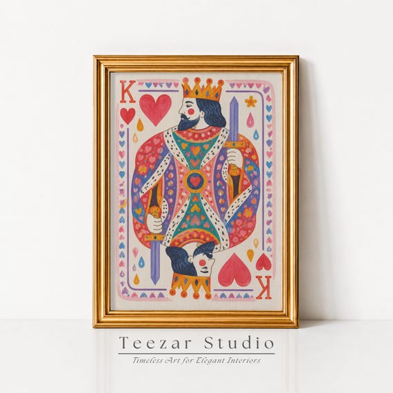 King Of Hearts Playing Card Print Colorful Folk Art Poster Whimsical Game Room Decor