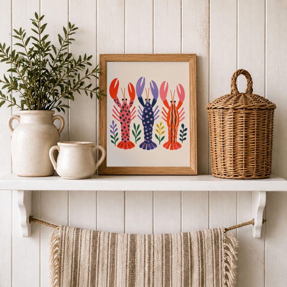 Colorful Lobster Art Print Modern Coastal Nautical Poster Vibrant Beach House Wall Decor