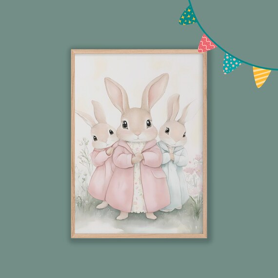 Three Cute Bunnies Pink Coats Watercolor Nursery Room Art Poster