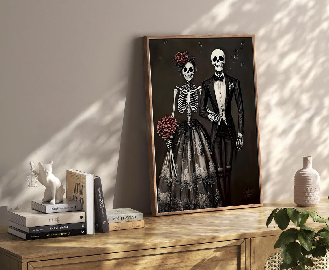 Gothic Skeleton Bride And Groom Wedding Halloween Art Poster