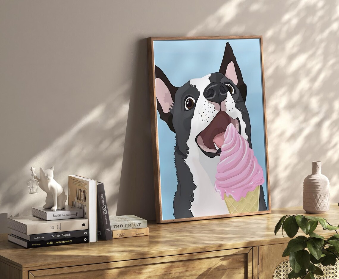Dog Licking Pink Ice Cream Poster Funny Puppy Dessert Cartoon Decor - Image 2