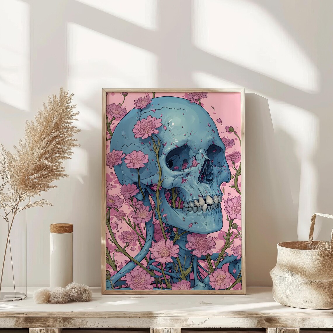 Blue Skull Pink Wildflowers Tattoo Style Bold Floral Art Poster - Image 3