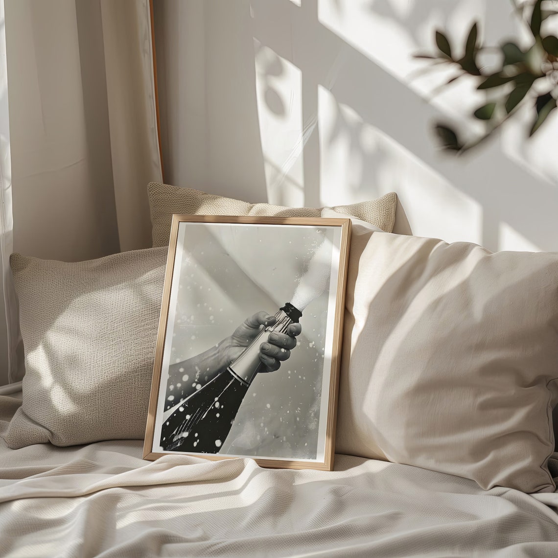 Champagne Bottle Popping Black White Photo Print Celebration - Image 2
