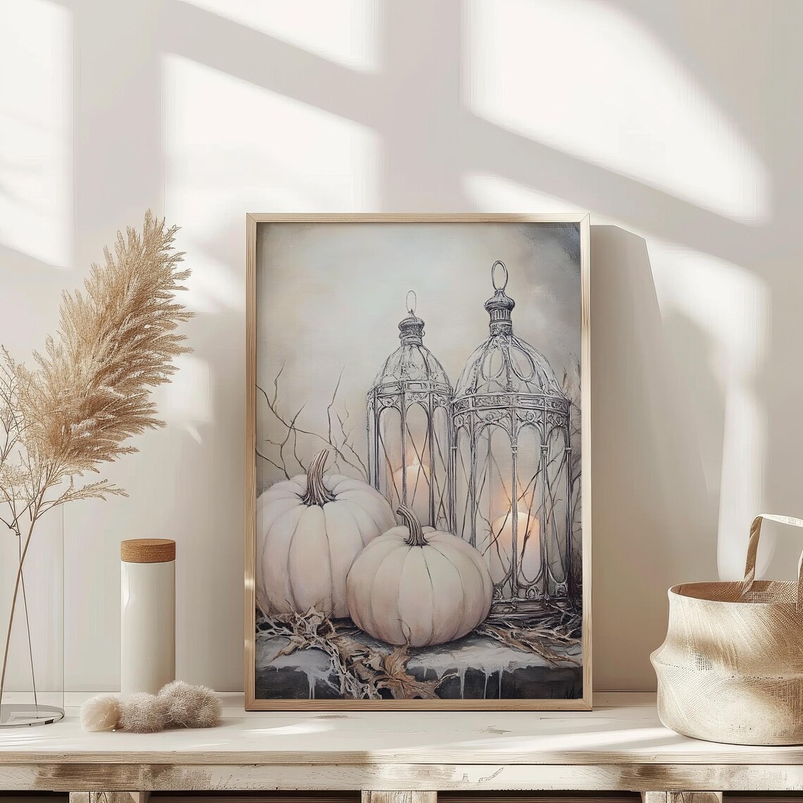 White Pumpkins And Wire Lanterns Neutral Fall Halloween Print - Image 4