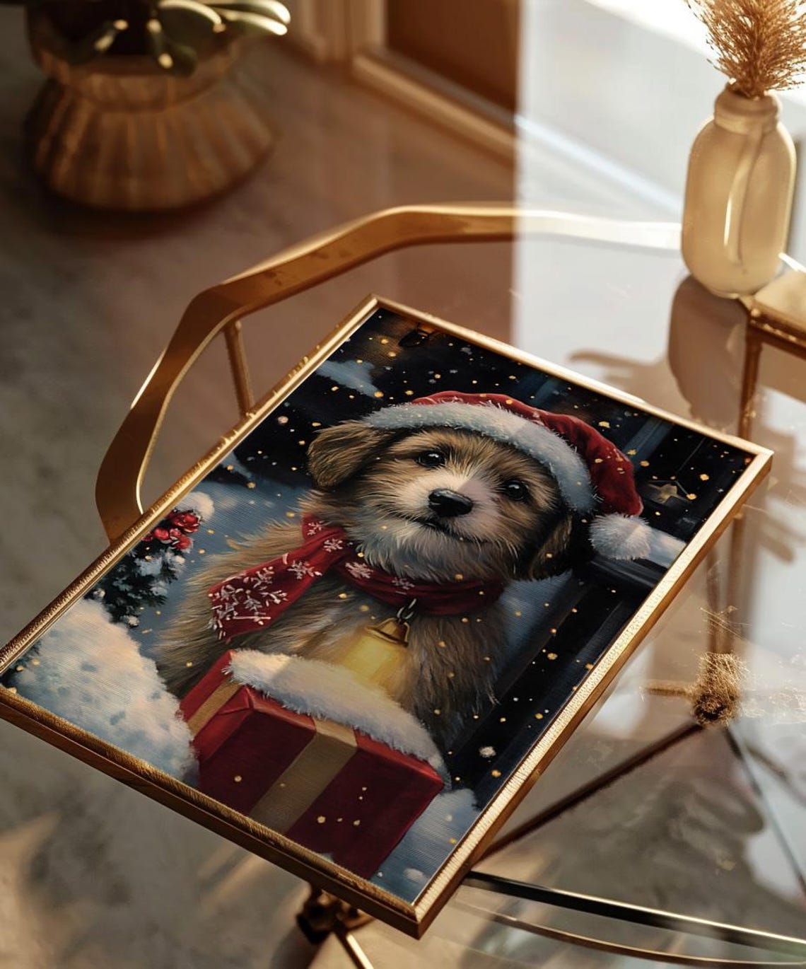 Christmas Puppy Santa Hat Lantern Gift Snowy Holiday Art Poster - Image 2