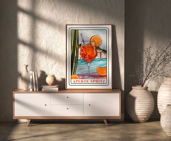 Aperol Spritz Retro Cocktail Poster Art Deco Orange Seaside Drink Artwork