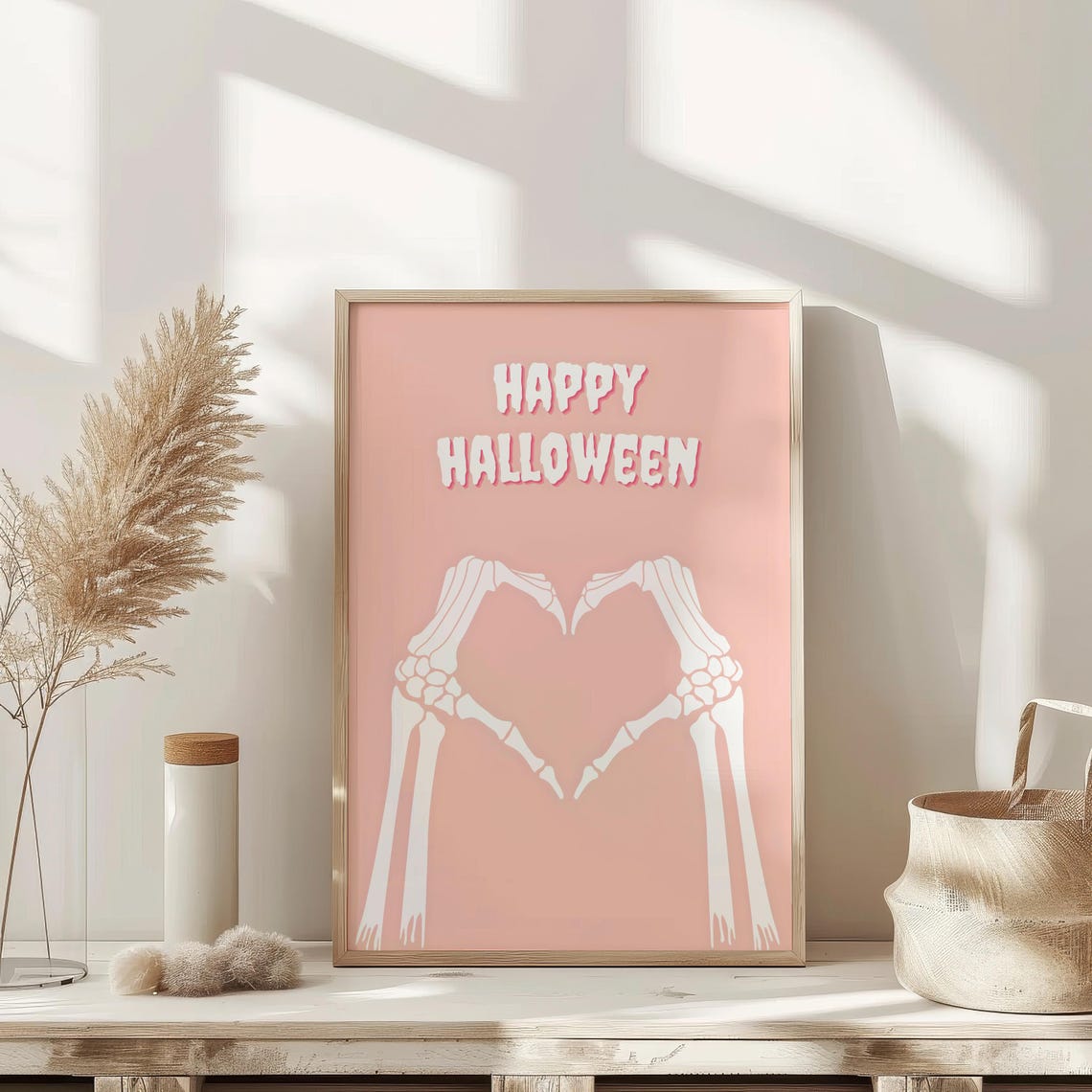 Happy Halloween Skeleton Heart Hands Cute Pink Spooky Decor Poster - Image 3