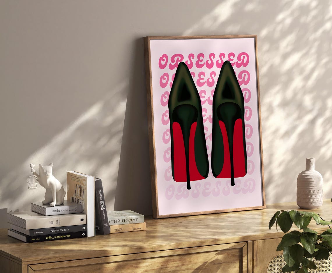 Black High Heel Shoes Red Soles Obsessed Pink Retro Pop Art Print - Image 2