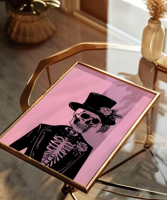 Bold Skeleton Bride With Top Hat on Pink Gothic Pop Art Poster
