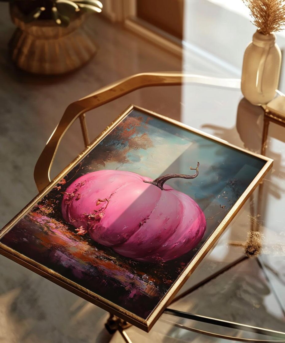 Pink Pumpkin Oil Painting Moody Autumn Vintage Still Life Poster - Image 4