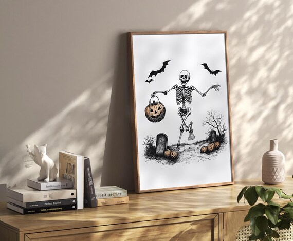 Vintage Dancing Skeleton Jack O Lantern Graveyard Halloween Poster