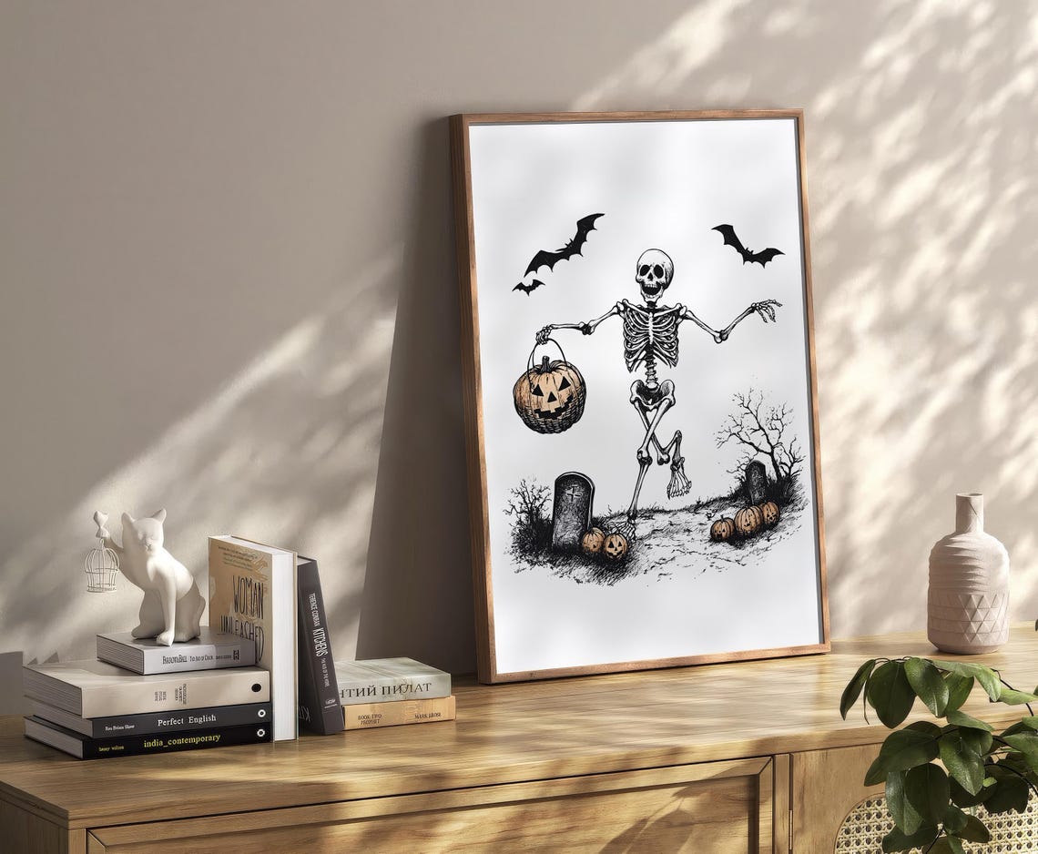 Vintage Dancing Skeleton Jack O Lantern Graveyard Halloween Poster