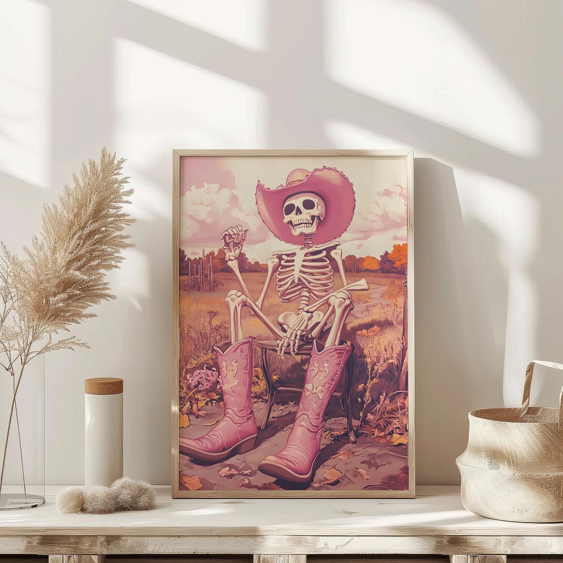 Pink Cowboy Skeleton Boots Hat Sunset Western Halloween Poster - Image 3