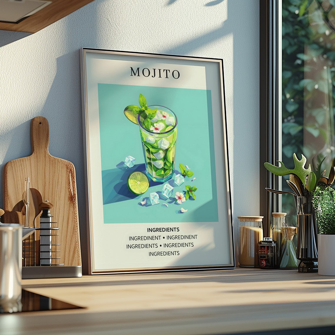 Mojito Cocktail Illustration Mint Lime Retro Bar Kitchen Art Poster
