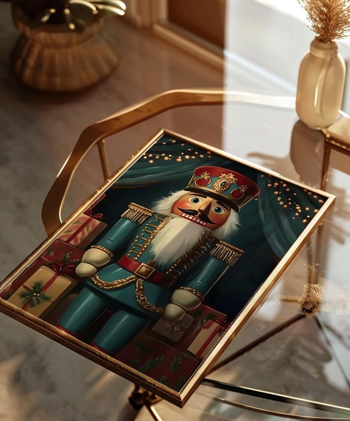 Teal Nutcracker On Stage With Gifts Vintage Christmas Poster - Image 2