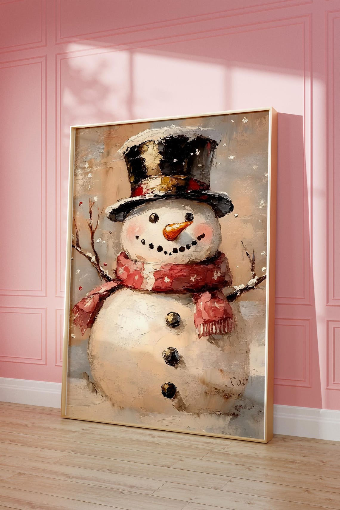 Vintage Snowman With Black Top Hat and Red Scarf Painting Poster - Image 3
