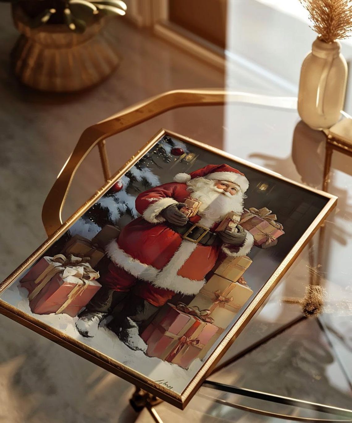 Santa Claus Holding Gifts Surrounded by Presents Christmas Poster - Image 2