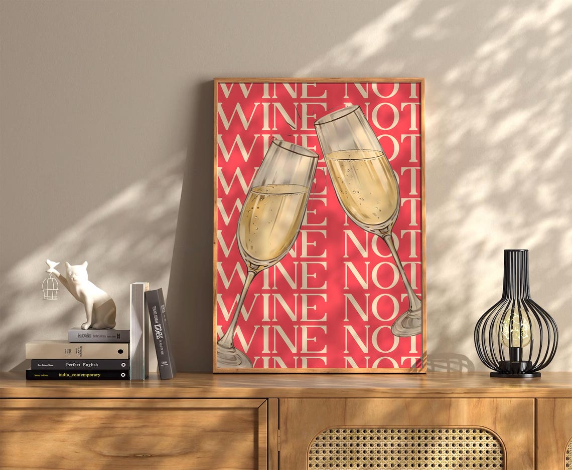 Wine Not Red Champagne Flutes Funny Pattern Bar Decor Poster - Image 2